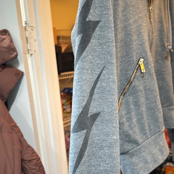 Aviator Nation Gray Lightning Bolt Full Zip Hoodie with Gold Zippers - Picture 5 of 8